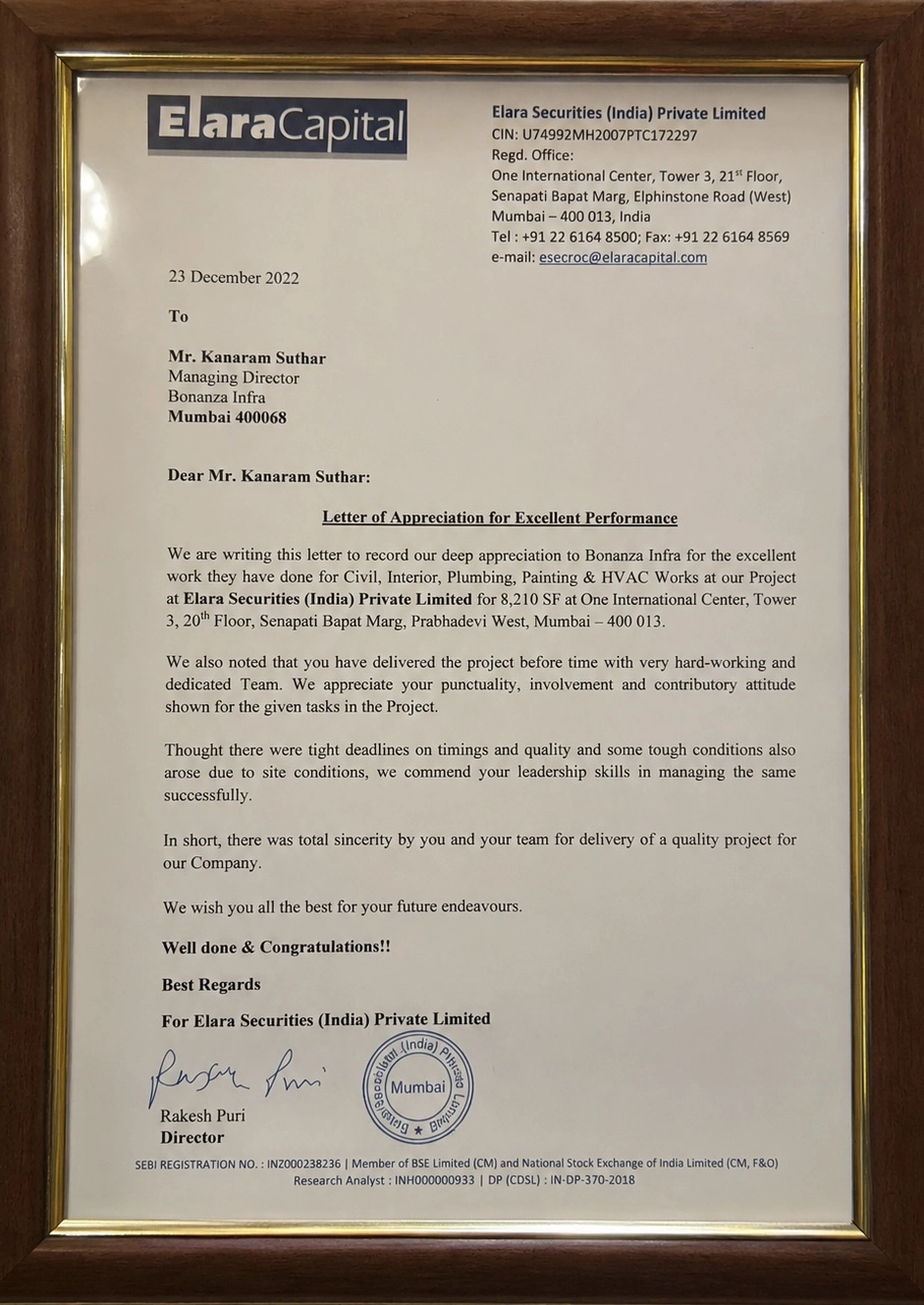 Elara Securities Letter of Appreciation
