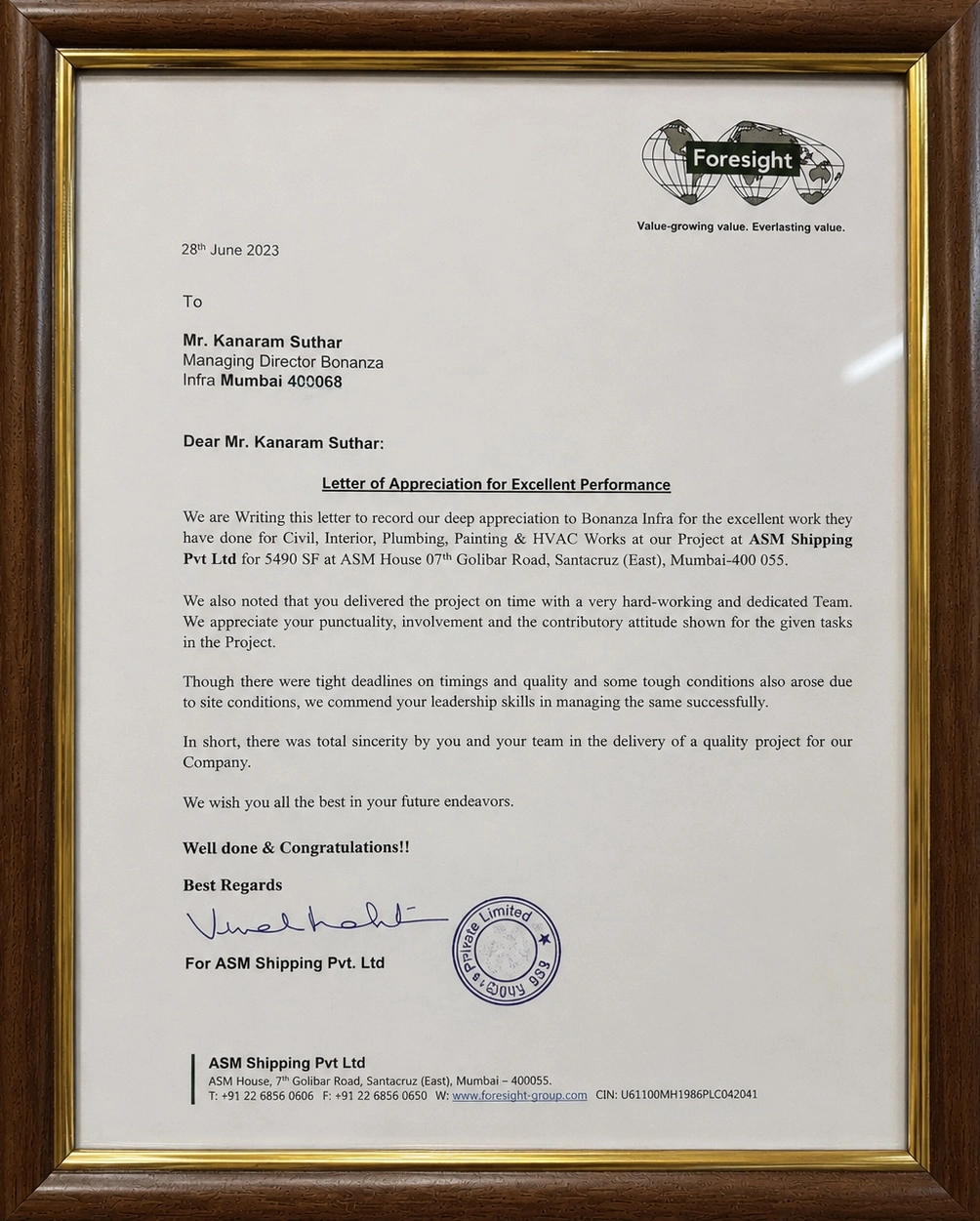 Foresight Letter of Appreciation