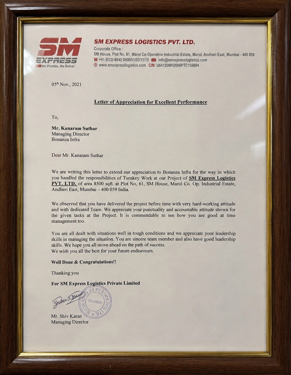 SM Express Letter of Appreciation